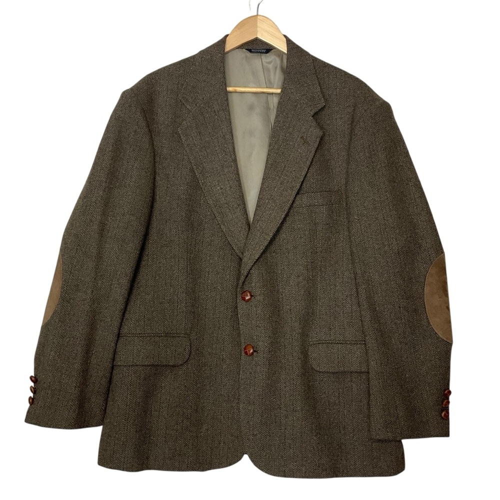 vtg STUART HUGHES sz 44R Wool Tweed Sport Coat Blazer Herringbone Elbow Patches